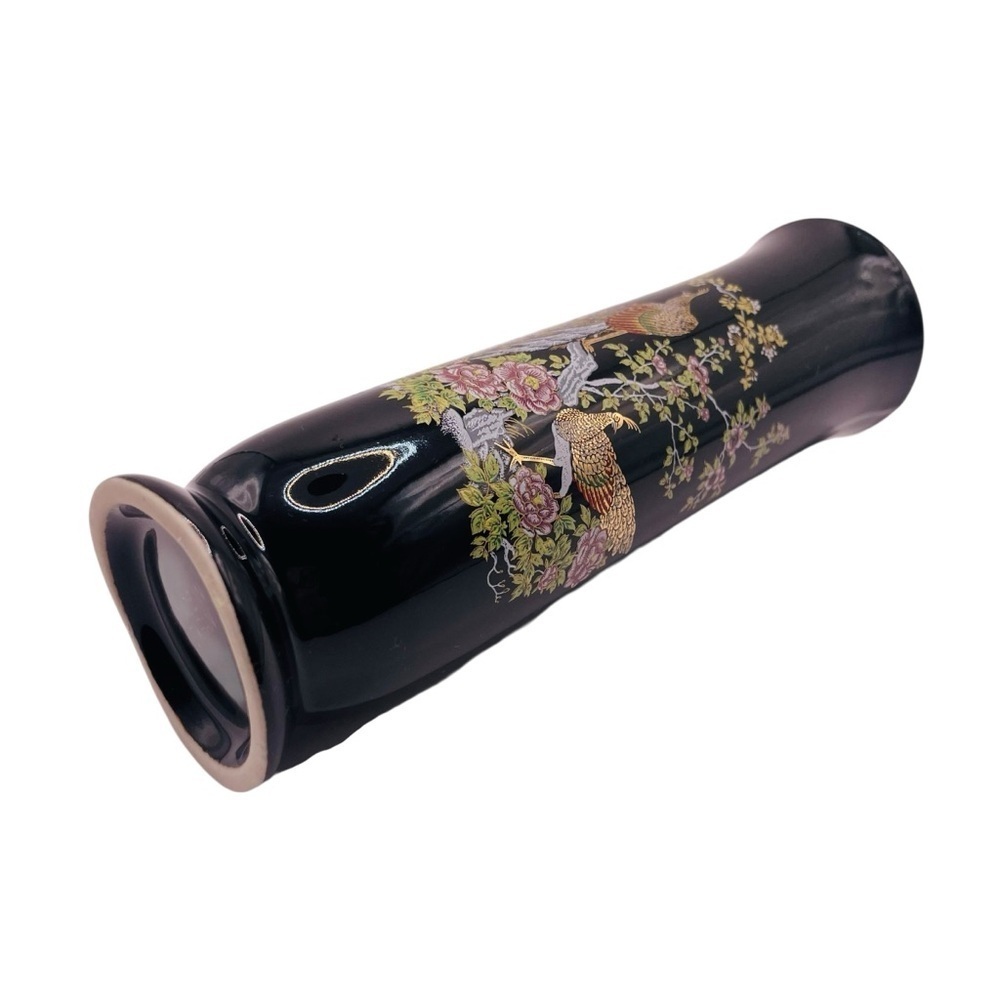 Vintage Otagiri Japan Peacock Crown Iris Black Gold Ceramic Bud Vase 6.5 In - Picture 9 of 13